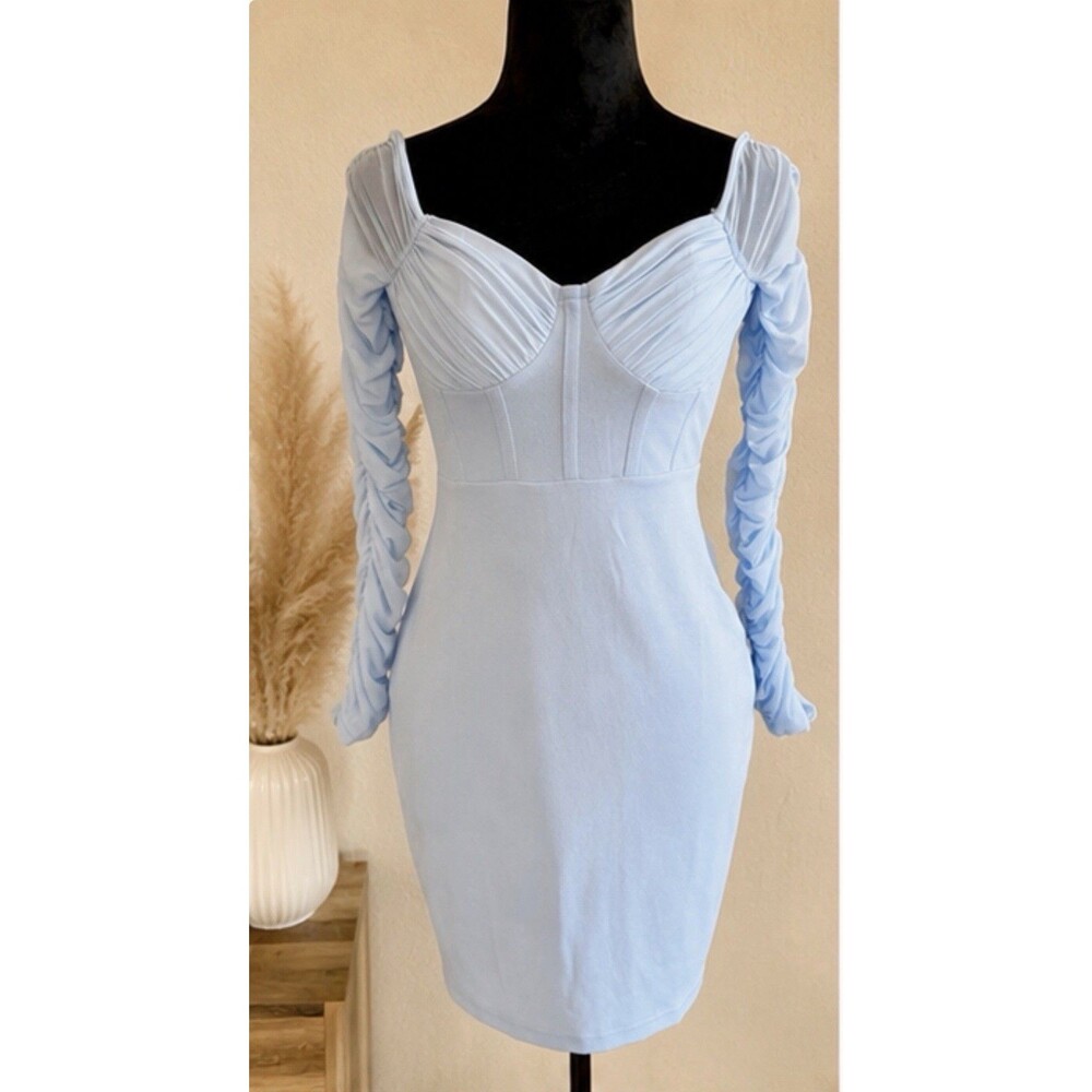 EMPRADA Blue Mesh Ruched Sleeve Bodycon Dress Size M
